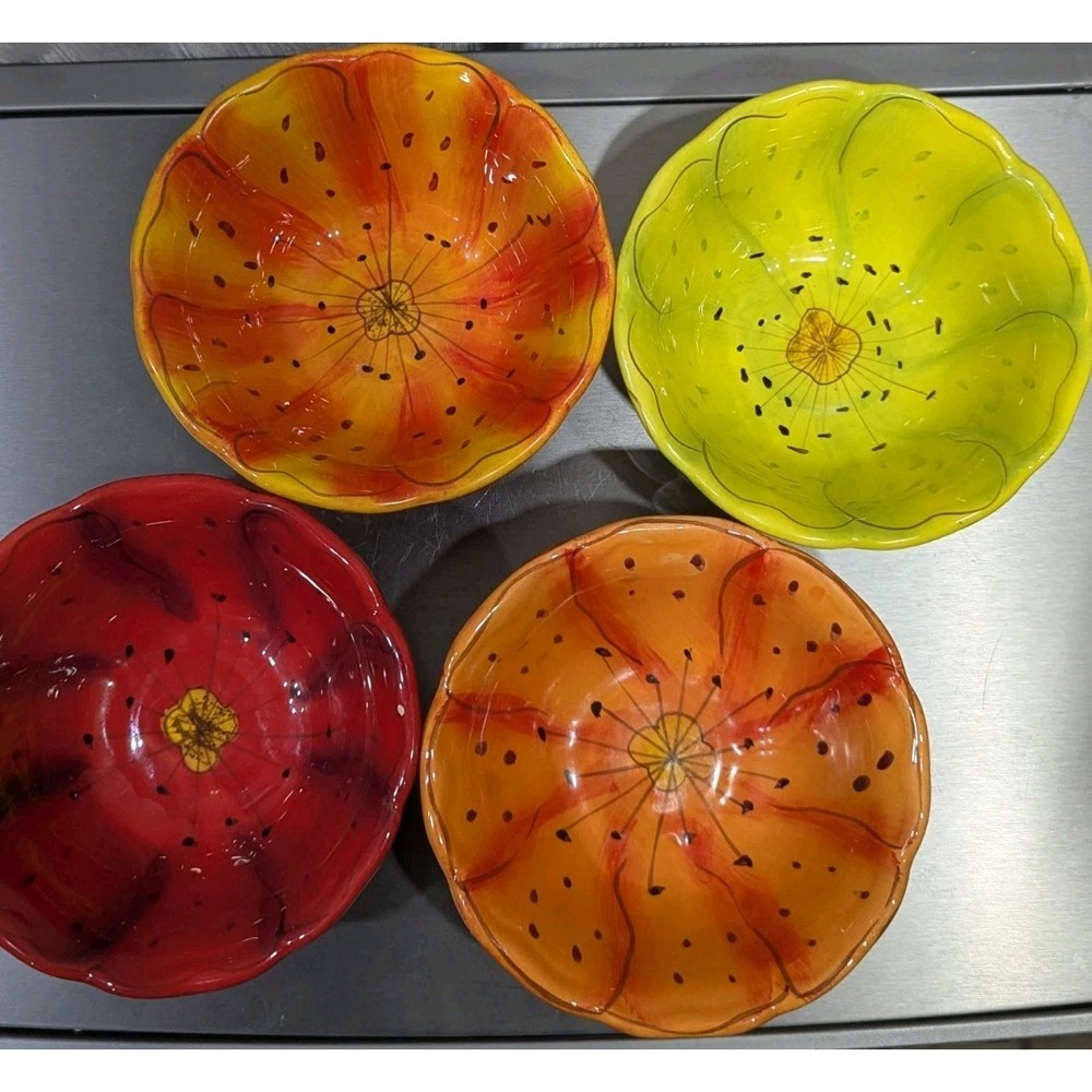 Laurie Gates Ceramic Dessert/‎ Berry Bowls Lot Of 4 Poppies Small Paint Chip